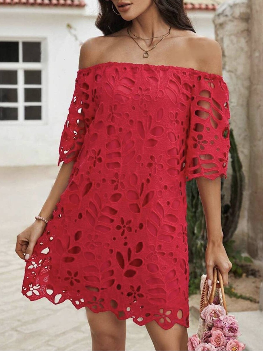 Red Off-Shoulder Lace Dress